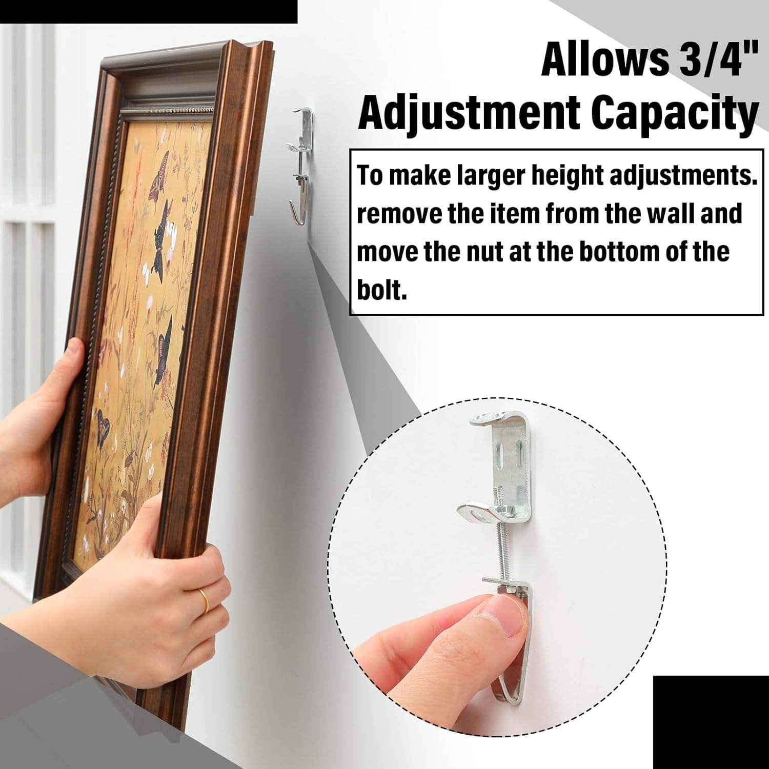 ABCISI 10 Pcs Adjustable Picture Hangers, J Hooks Mirror Hanging Kit with Hangers Hooks  for Mirrors, Art & Frames, Wall Mount Hardware Supports up to 100 Lbs