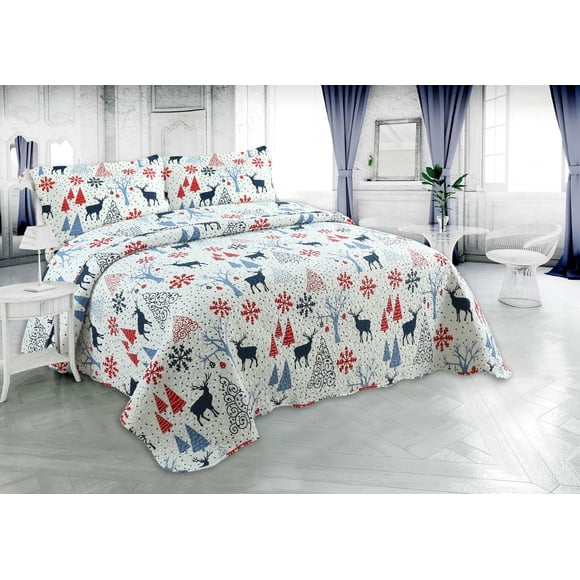 Marina Decoration Rich Printed Embossed Pinsonic Coverlet Bedspread Ultra Soft Bedding Summer Christmas Quilt Set with Shams, Xmas Reindeer and Tree Pattern