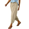 thumbnail image 3 of Capreze Cotton Linen Pants for Women Summer High Waisted Drawstring Capri Pants Wide Leg Cropped Pant with Pocket Khaki 3XL, 3 of 8