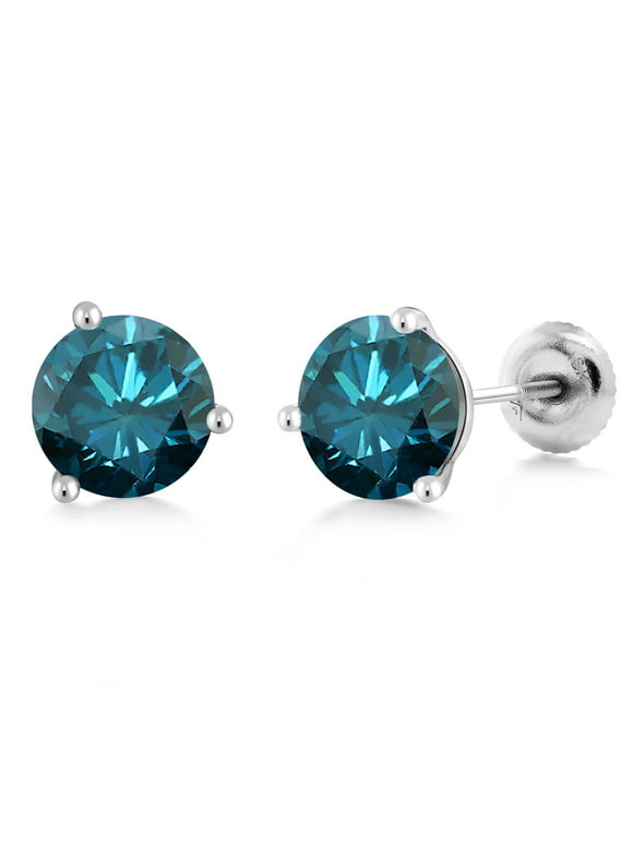 Gem Stone King 18K White Gold 1.60 Ct Round Blue SI1-SI2 Diamond 3-Prong Martini Stud Earrings