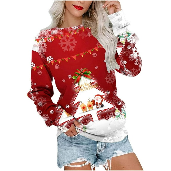 Babysbule Womens Hoodless Sweatshirt Women's Fashion Casual Tops Long Sleeve Christmas Printed Round Neck Blanket Pullover Pullover Sweatshirts