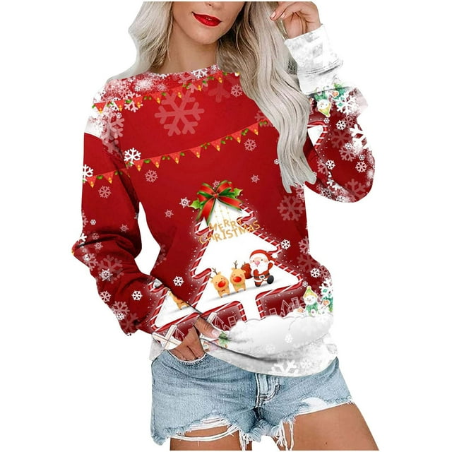 EGNMCR Chandails en Molleton à Capuche pour Femmes, Chandails en Molleton pour Femmes, Hauts Décontractés Mode pour Femmes Manches Longues Imprimé de Noël Col Rond Couverture Chandail Chandails en Molleton Women Blouse