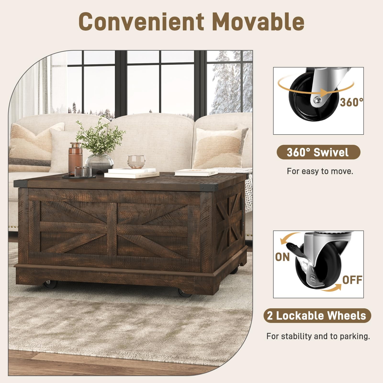 ANPOO 36” Square Lift Top Coffee Table with Power Outlets & Movable Wheels, Farmhouse Coffee Table w/Large Hidden Storage, Multi-Function Lift Wood Center Table for Home, Office,Rustic White
