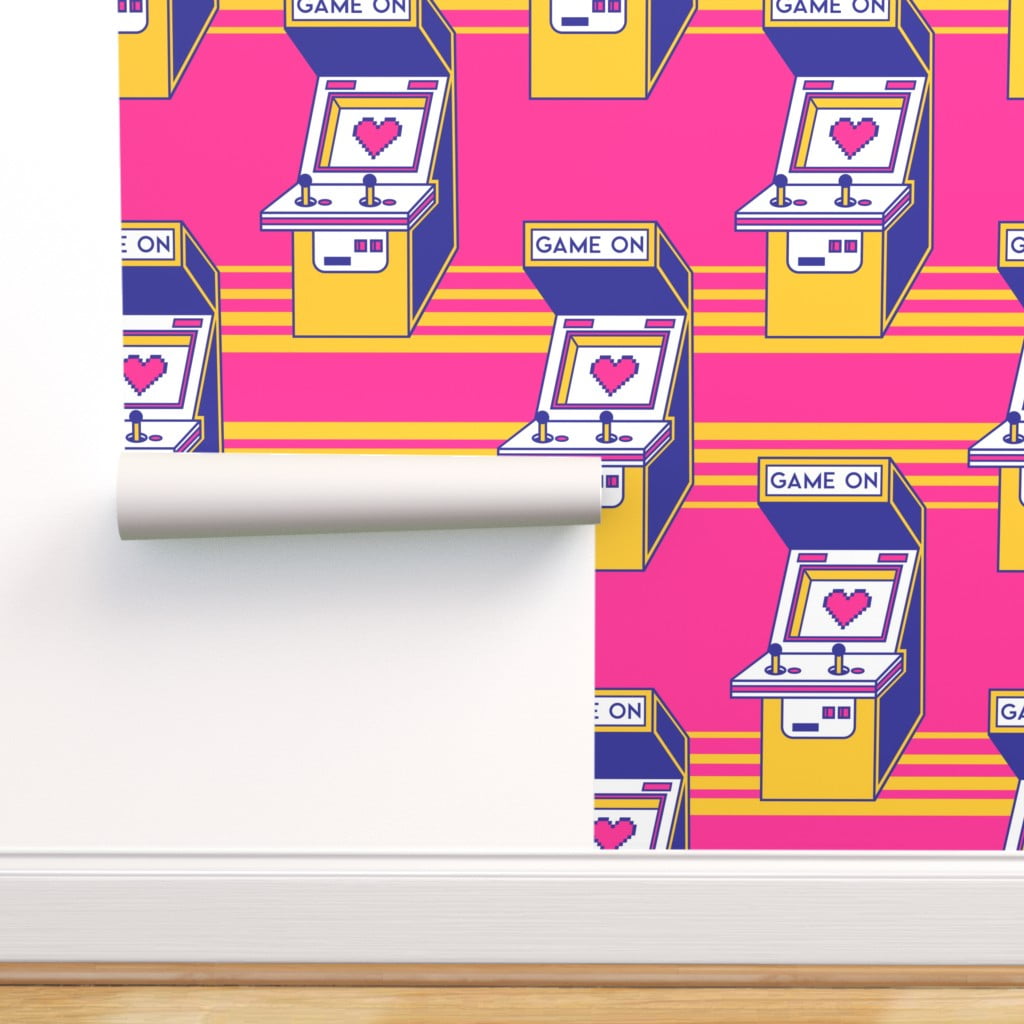Removable WaterActivated Wallpaper Retro Arcade Games Neon Pink Video