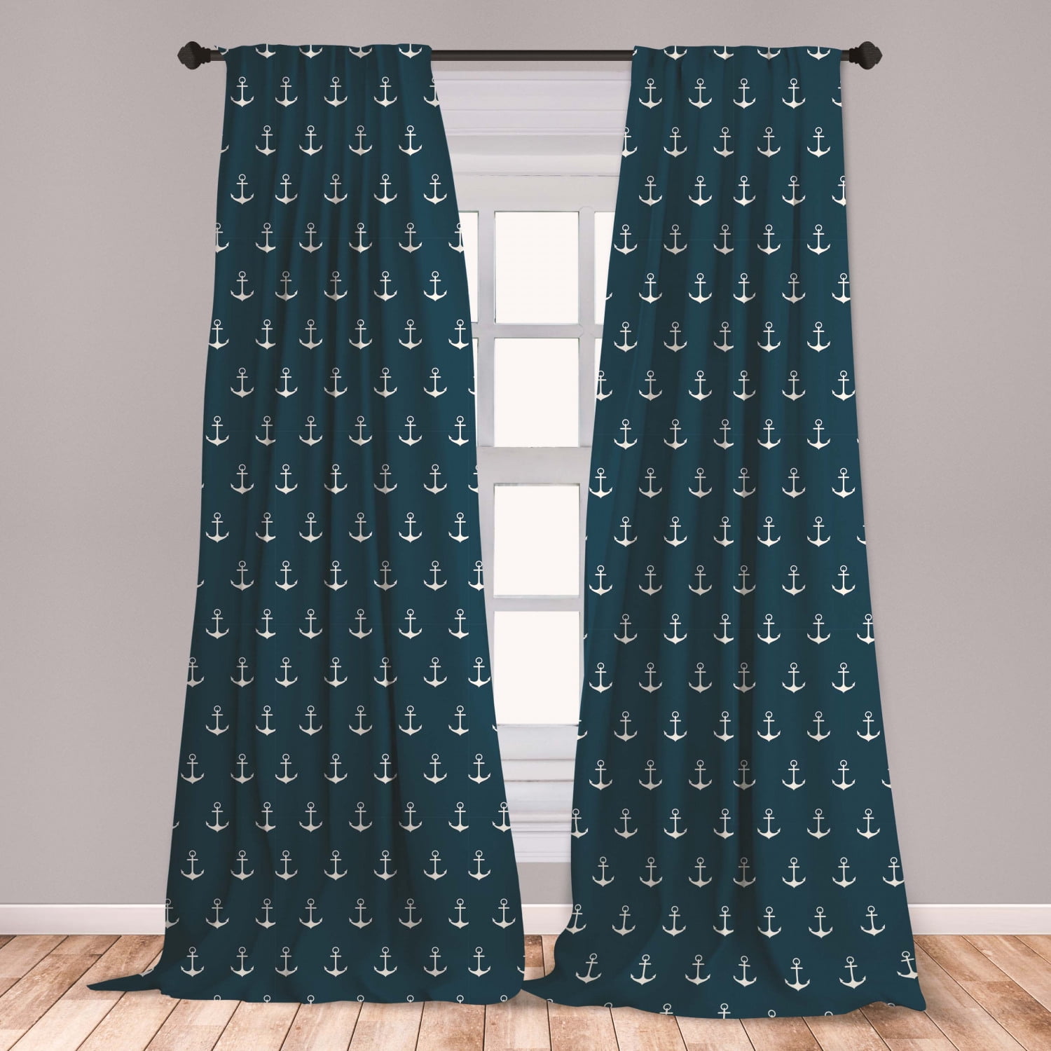 Anchor Curtains 2 Panels Set, Nautical Pattern with Classic Colors and