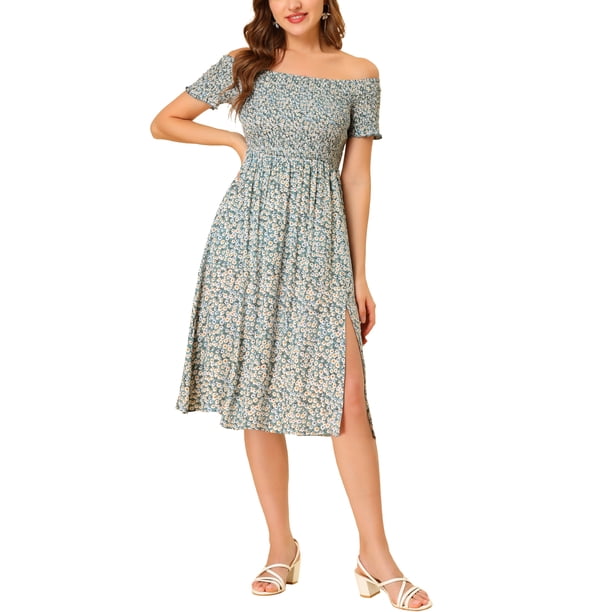 INSPIRAR CHIC Vestido largo de línea A sin hombros de verano bohemio con estampado floral XS Verde