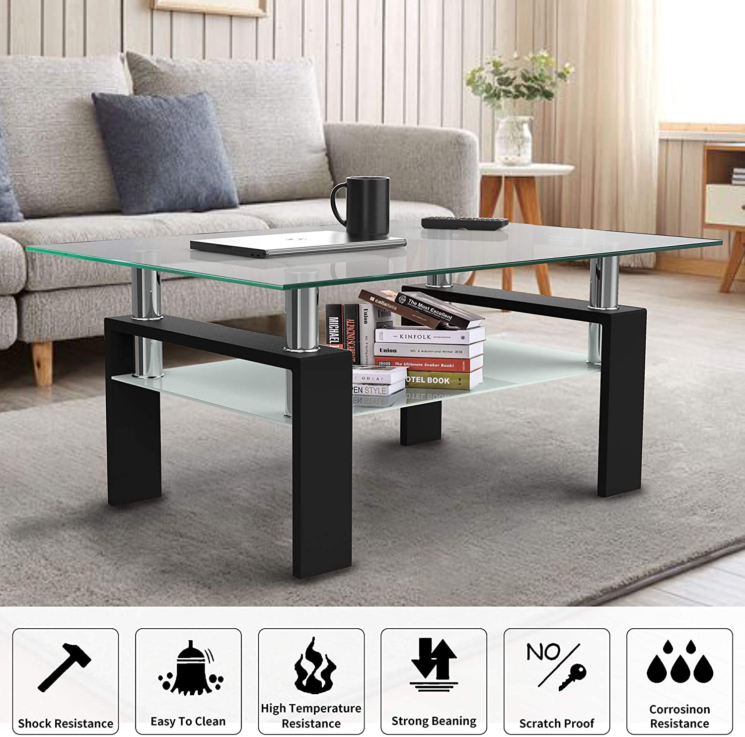 Glass Coffee Table with Lower Shelf, Clear Rectangle Glass Coffee Table, Modern Coffee Table with Metal Legs, Rectangle Center Table Sofa Table Home Furniture for Living Room, L5509 - image 4 of 9