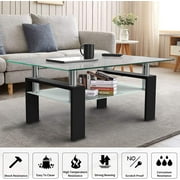 SEGMART Glass Coffee Table with Lower Shelf, Clear Rectangle Glass Coffee Table, Modern Coffee Table with Metal Legs, Rectangle Center Table Sofa Table Home Furniture for Living Room