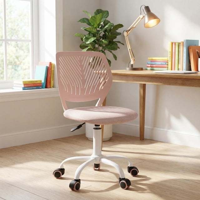Homy Casa Kids Desk Chair, Adjustable Height Armless Swivel Study Chair with Wheels, Pink