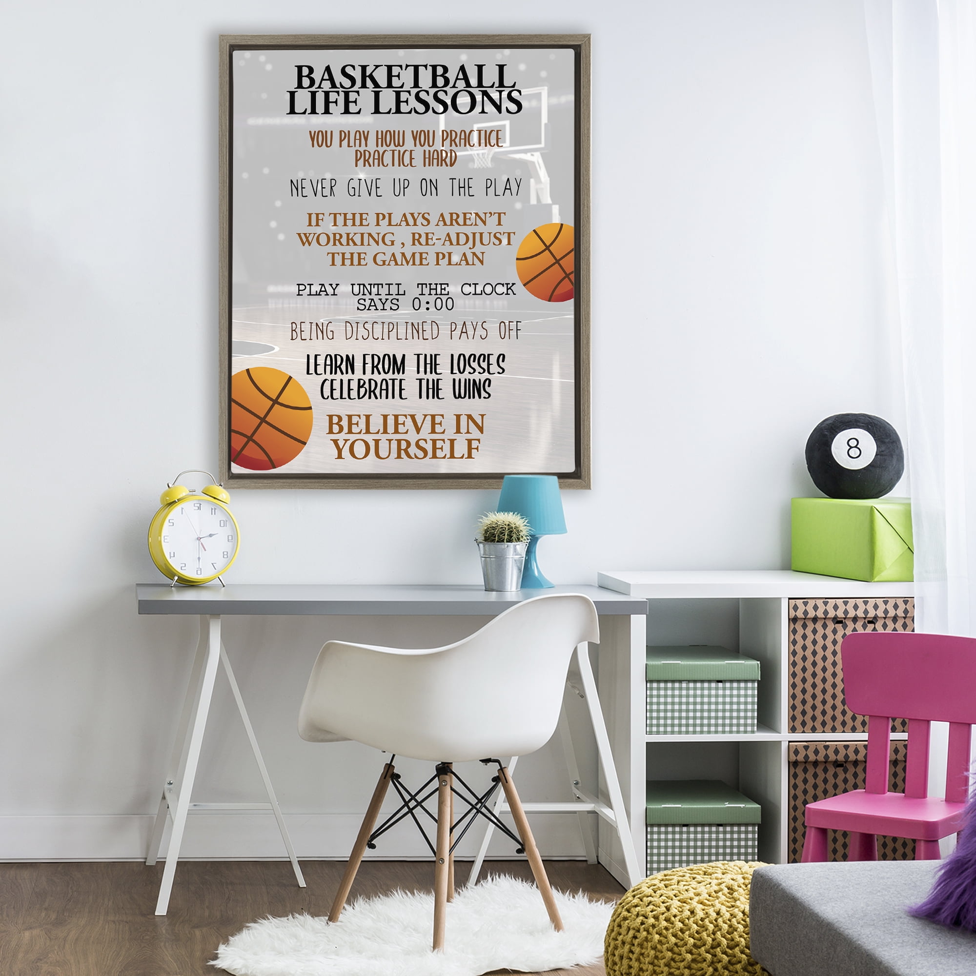 Basketball Life Lessons Brown Framed Floater Canvas Wall Art, design by Kim Allen