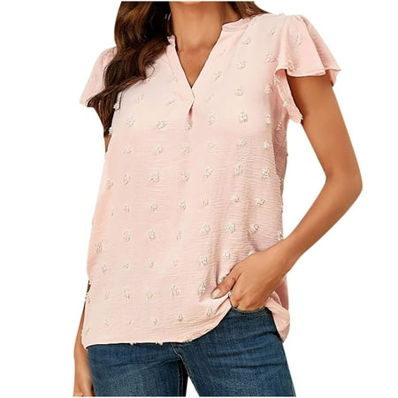 

Blouse for Women Summer Dot Chiffon V Neck T-shirts Trendy Short Sleeve Solid Color Shirt Comfy Casual Tunic Tee