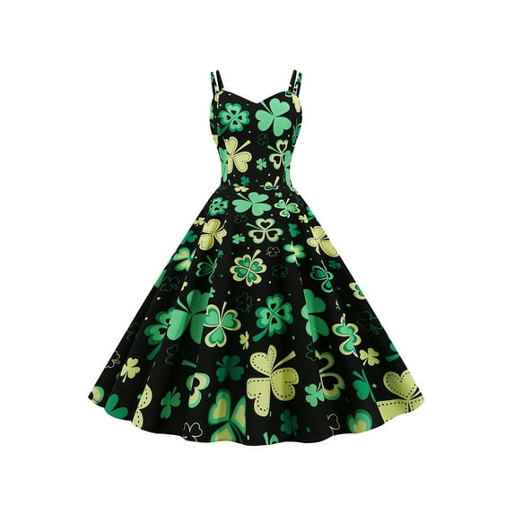 Qmyliery Women Spaghetti Strap Dress Big Hem 3D Print Elegant Sleeveless A-line Dress for Summer Party