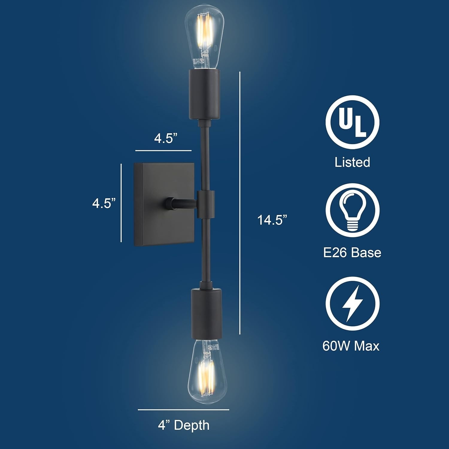 2-Light Matte Black Bathroom Vanity Light Fixtures Modern Wall Sconces Lighting Fixture Wall Lights for Hallway and Bedroom Sconces with Two LED Bulbs Included, UL Listed