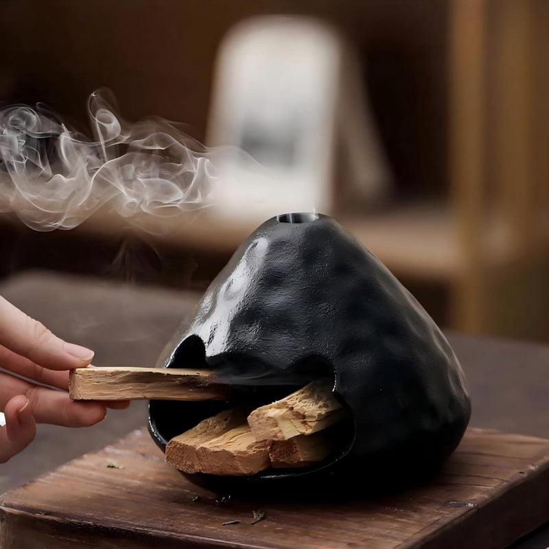 Matte Black Volcano Palo Santo Holder - Ceramic Incense Burner with Ash Catcher, Wabi-Sabi Style Palo Santo Holder Stick Holder for Smudging, Meditation, Yoga & Rustic Home Decor