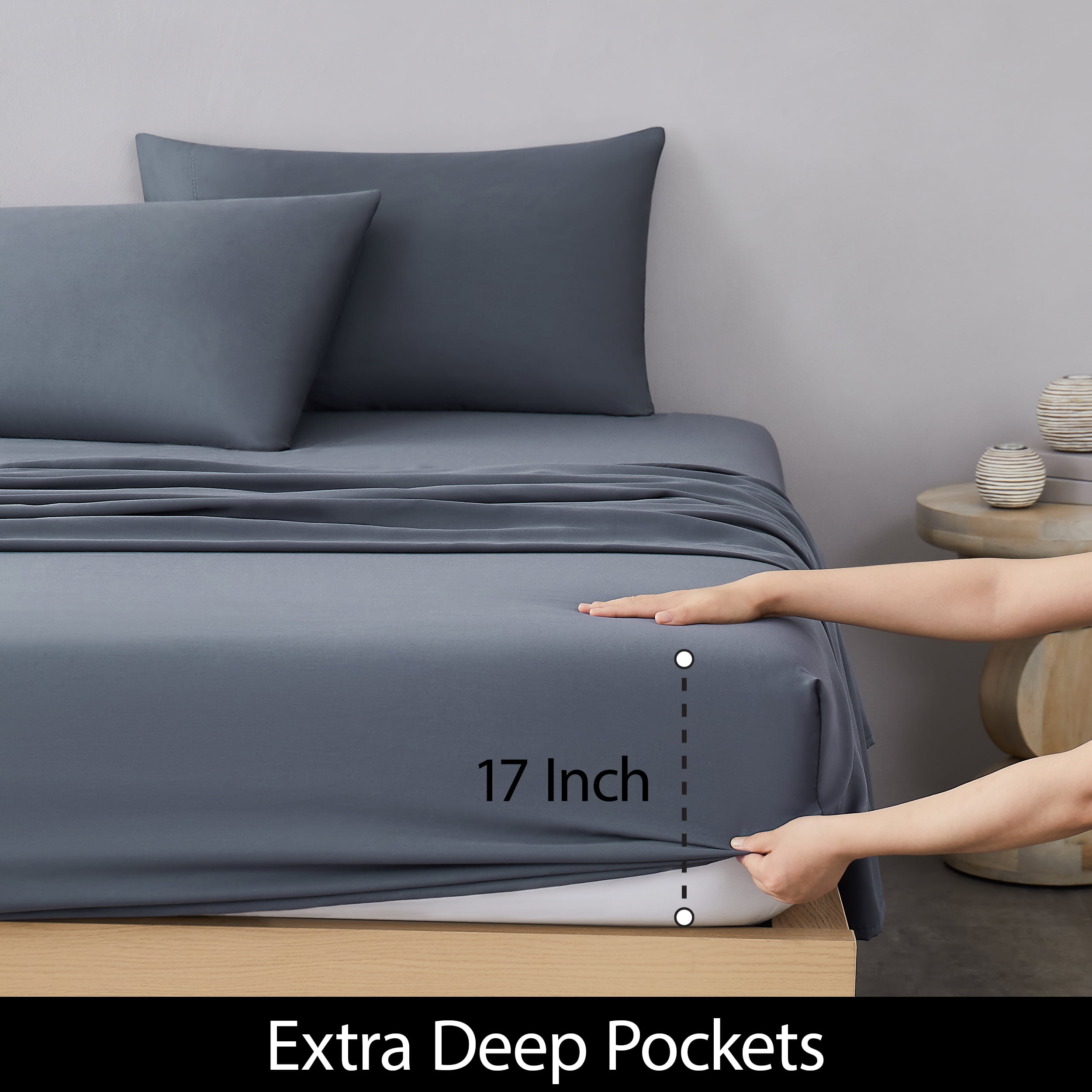 Allswell 6-Piece 300 Thread Count Dark Gray Cotton Lyocell Blend Bed Sheet Set, Queen