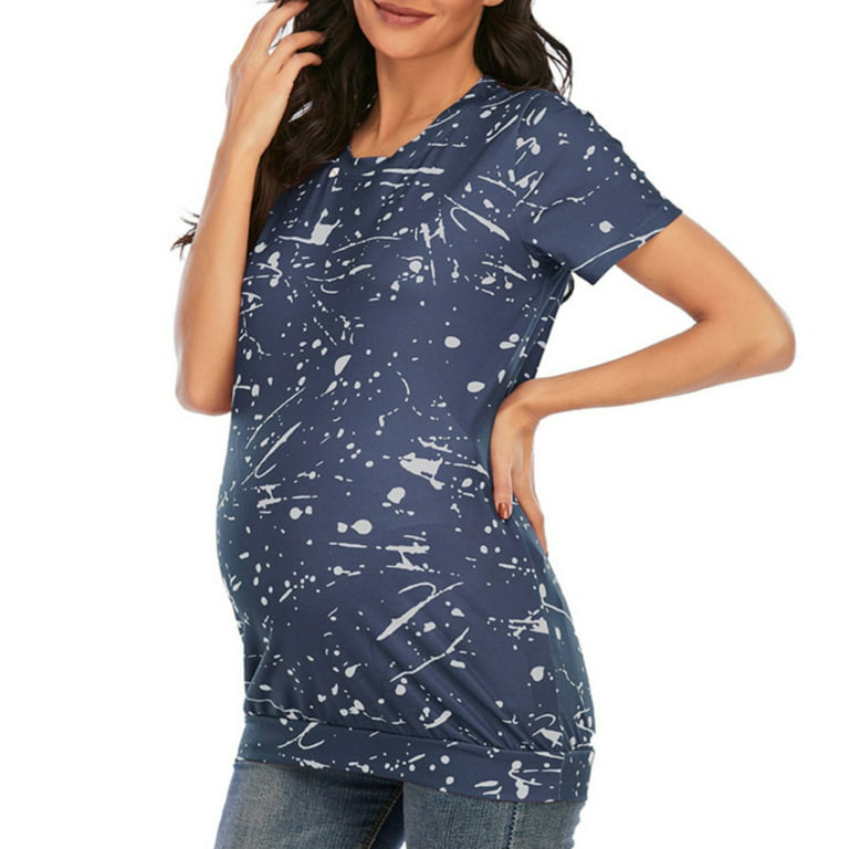 WAJCSHFS Plus Size Maternity Clothes Women's Maternity Print Short Sleeve  Tie Neck Flared Blouse Pregnancy Tops (Blue,S) 
