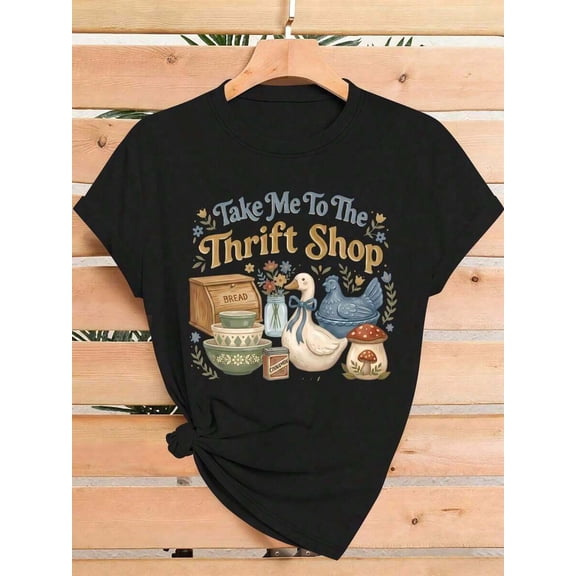 【New Arrival】Take Me To The Thrift Shop Vintage Cottagecore Goose Mushroom Ceramic Graphic T-Shirt, Unisex Cotton Crew Neck Retro Farmhouse Casual Tee, Thrift Lover Gift