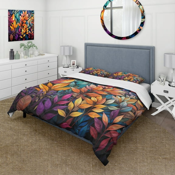 Designart "Colorful Vibrant Foliage" Abstract Botanicals Bedding Covert Set - Modern Multi-Color Abstract Bed Set With 2 Shams