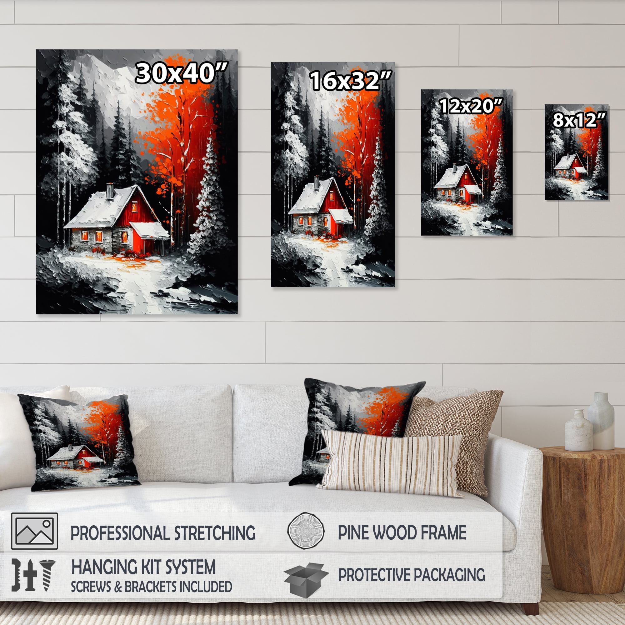 Designart Monochrome Orange Cottage In Winter I Canvas Wall Art