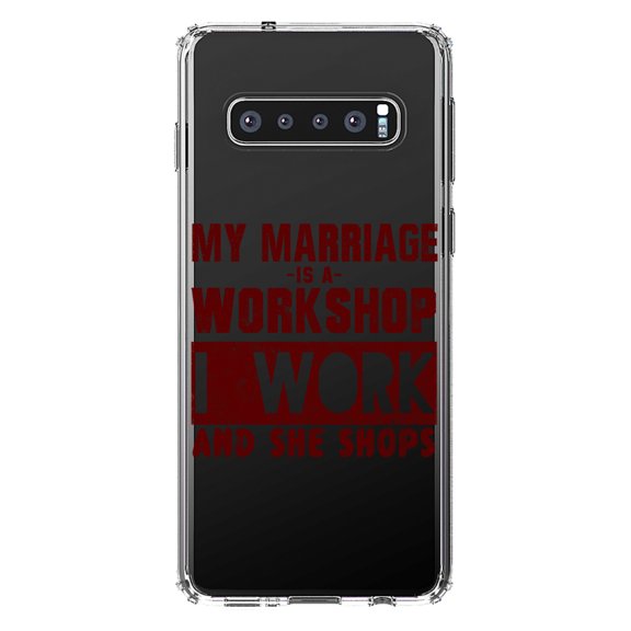 DistinctInk Clear Shockproof Hybrid Case for Samsung Galaxy S10  PLUS (6.4" Screen) - TPU Bumper Acrylic Back Tempered Glass Screen Protector - Marriage is Workshop - I Work She Shops