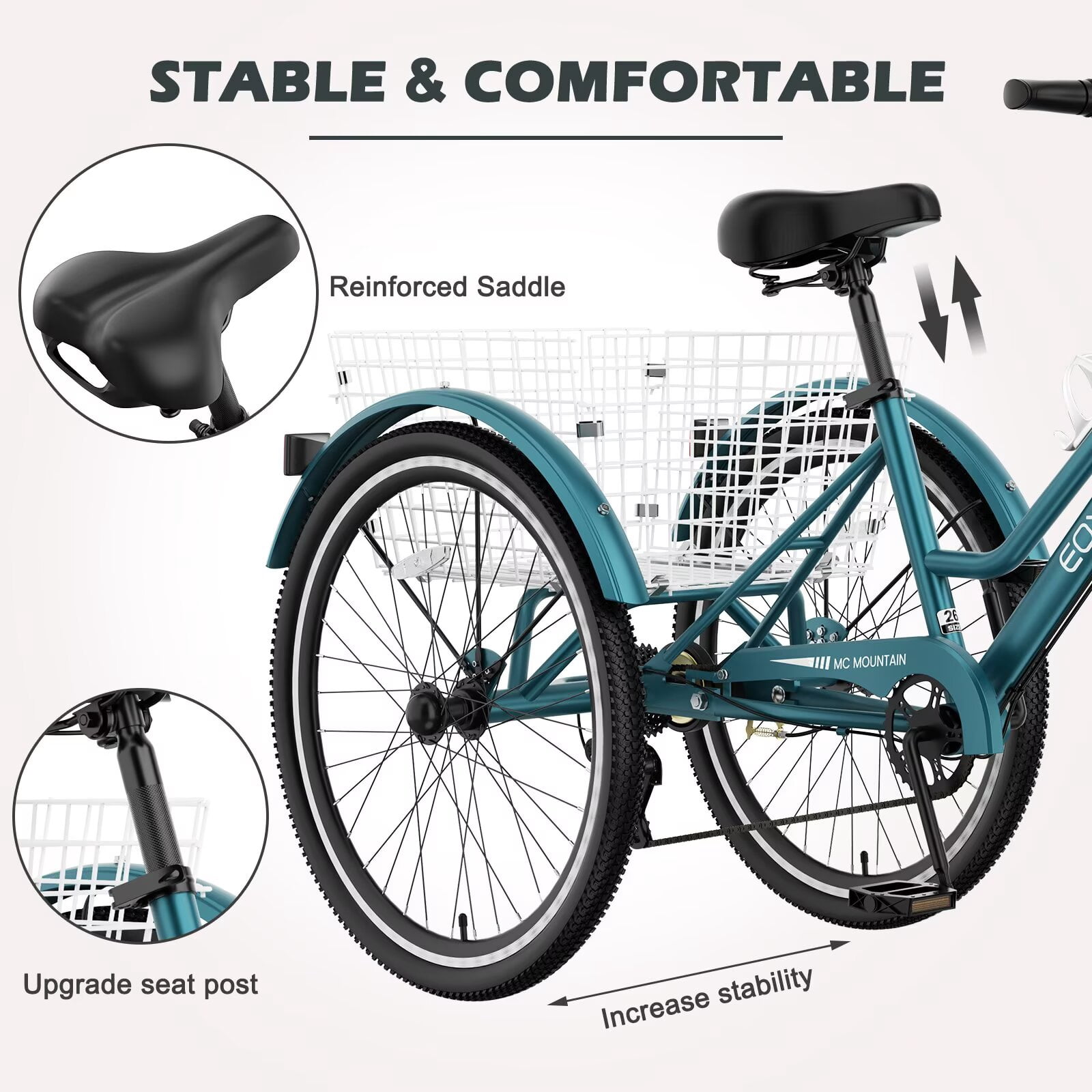 Lilypelle Mountain Tricycle for Adults, MTB 7 Speed Three Wheel Bike, 24/26/27.5 Inch Adults Trikes w/ Disc Brake & Cargo Basket for Women, Men, Seniors