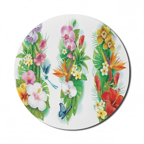 Watercolor Flower Mouse Pad for Computers, Tropical Christmas Bouquet Tropical Hibiscus Blossoms Leaf Butterfly, Round Non-Slip Thick Rubber Modern Gaming Mousepad, 8" Round, Multicolor, by Ambesonne