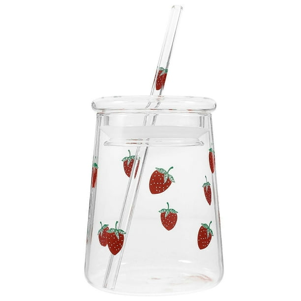 Glass Strawberry Water Cup with Lid and Straw Large Capacity Borosilicate Tumbler for Juice, Tea, and Coffee Multifunctional Drinking Cup for