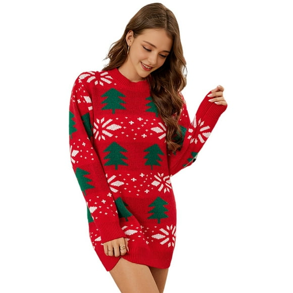 Women Christmas Sweater Dress Long Sleeve Crewneck Jumper Sweater Xmas Reindeer Knitwear Pullover Red Knitted Dress XXL
