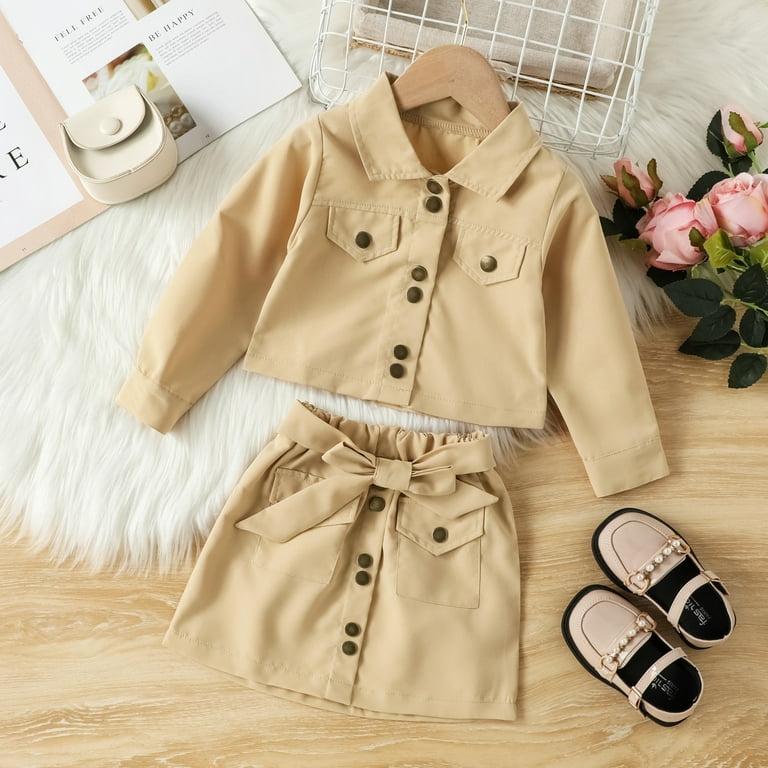 Baby Summer Dress Suit Toddler Kids Baby Girls Long Sleeve Jacket Coat  T-Shirt Tops Bow Button Skirts 2Pcs Outfits Clothes Set Baby Cute Clothing