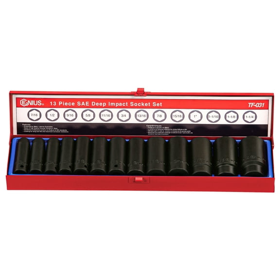Genius Tools 13 Piece 1/2" Dr. SAE Deep Impact Socket Set - TF-031
