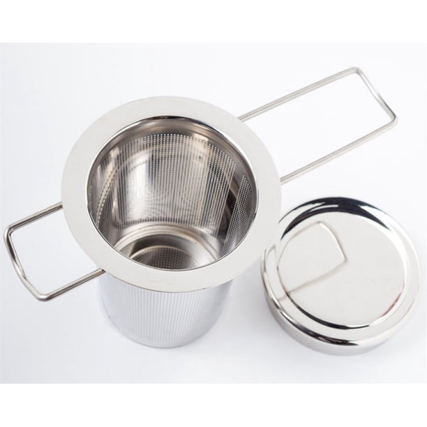 Colador de té de acero inoxidable, colador de té plegable de doble asa y tapa, se cuelga en teteras y tazas Vhermosa WL-00238