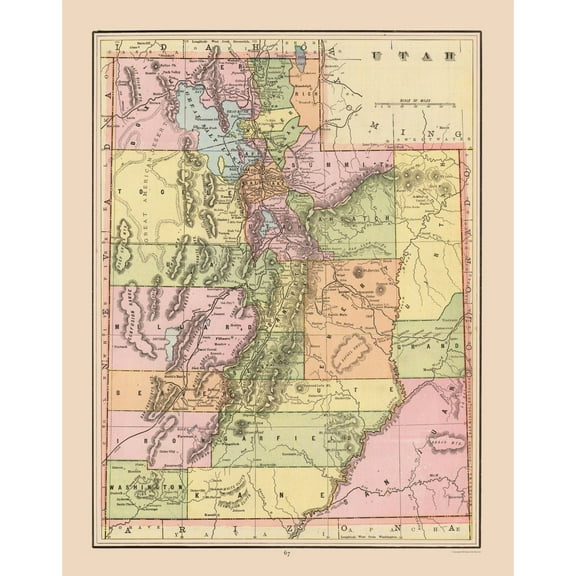 Historic State Map - Utah - Cram 1892 - 23 x 29.33 - Vintage Wall Art