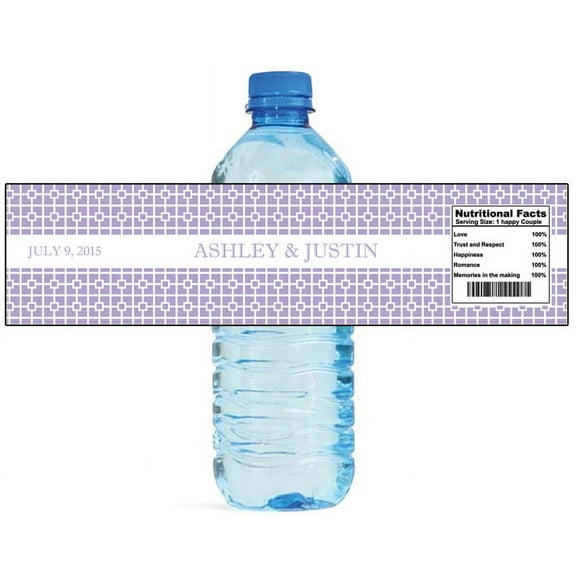 100 Square Pattern Light Purple Wedding Anniversary Engagement Party Water Bottle Labels 8"x2"