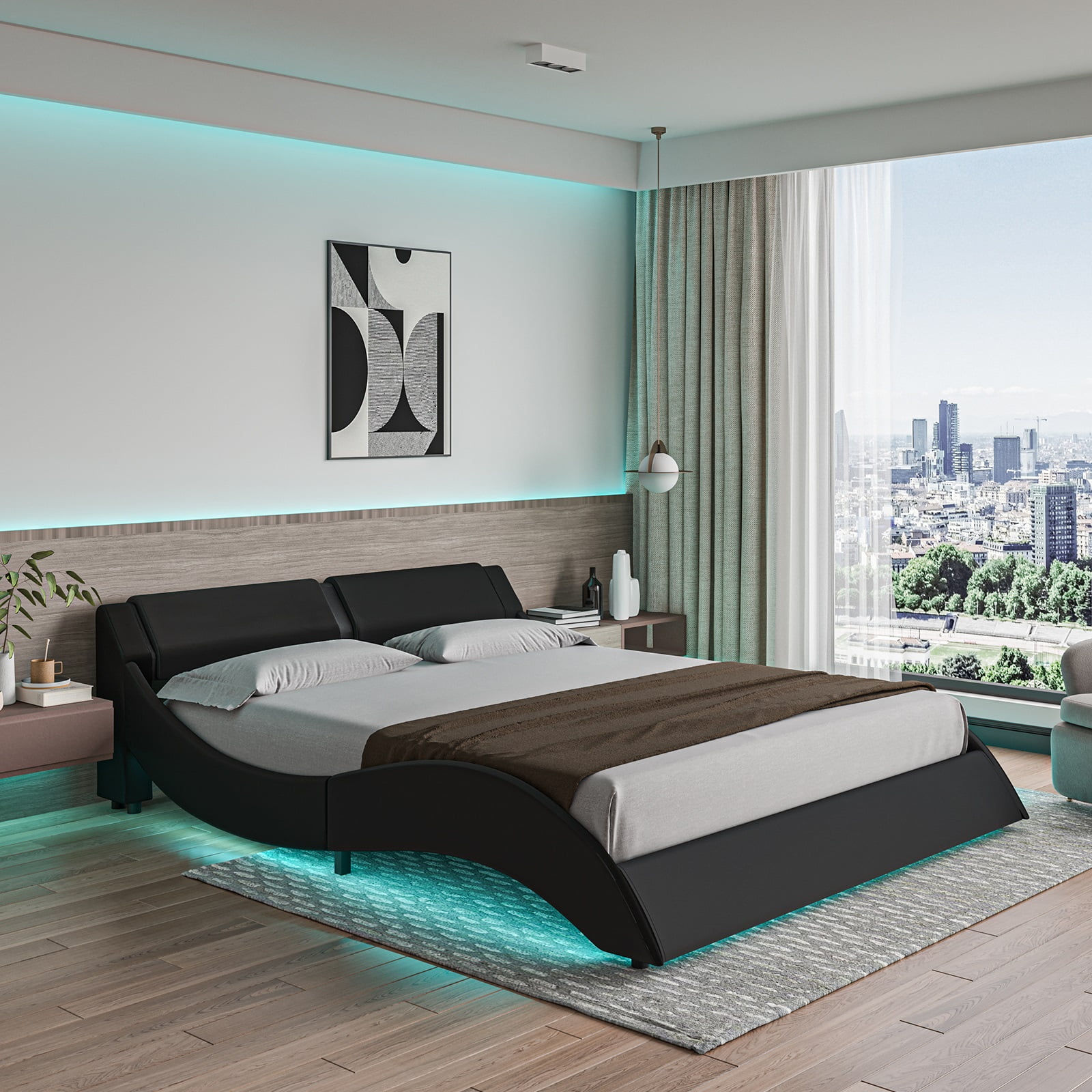 Queen Size Led Platform Bed Frame with Smart RGB LED Lights Underneath