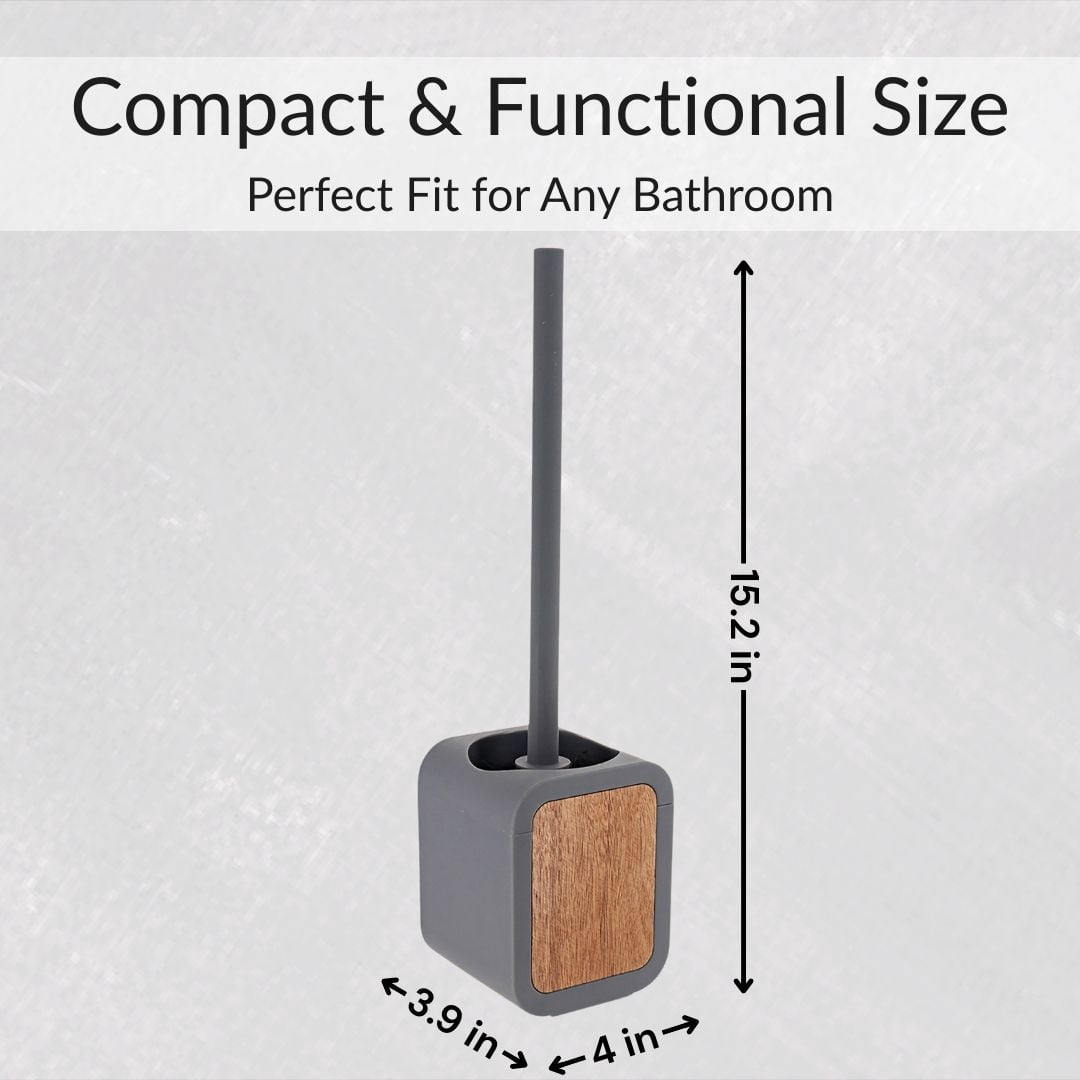 Toilet Brush and Holder Gray Rubber and Acacia