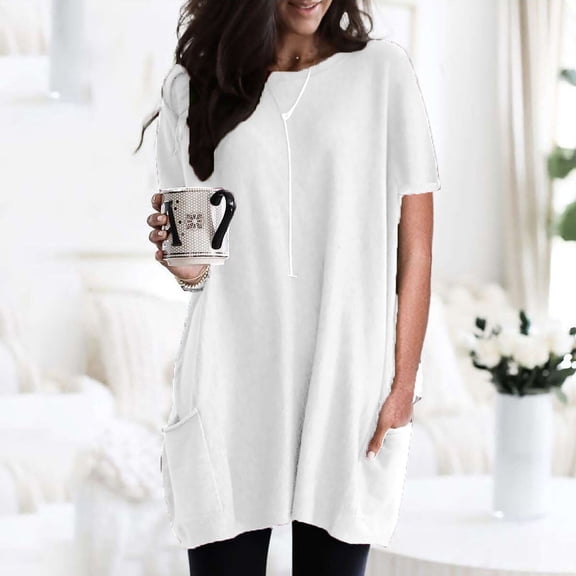 tarylea Plus Size Tops for Women Crew Neck Short Sleeve Tunic Solid Color Loose Dressy Long Shirts with Pockets Casual Summer Tops