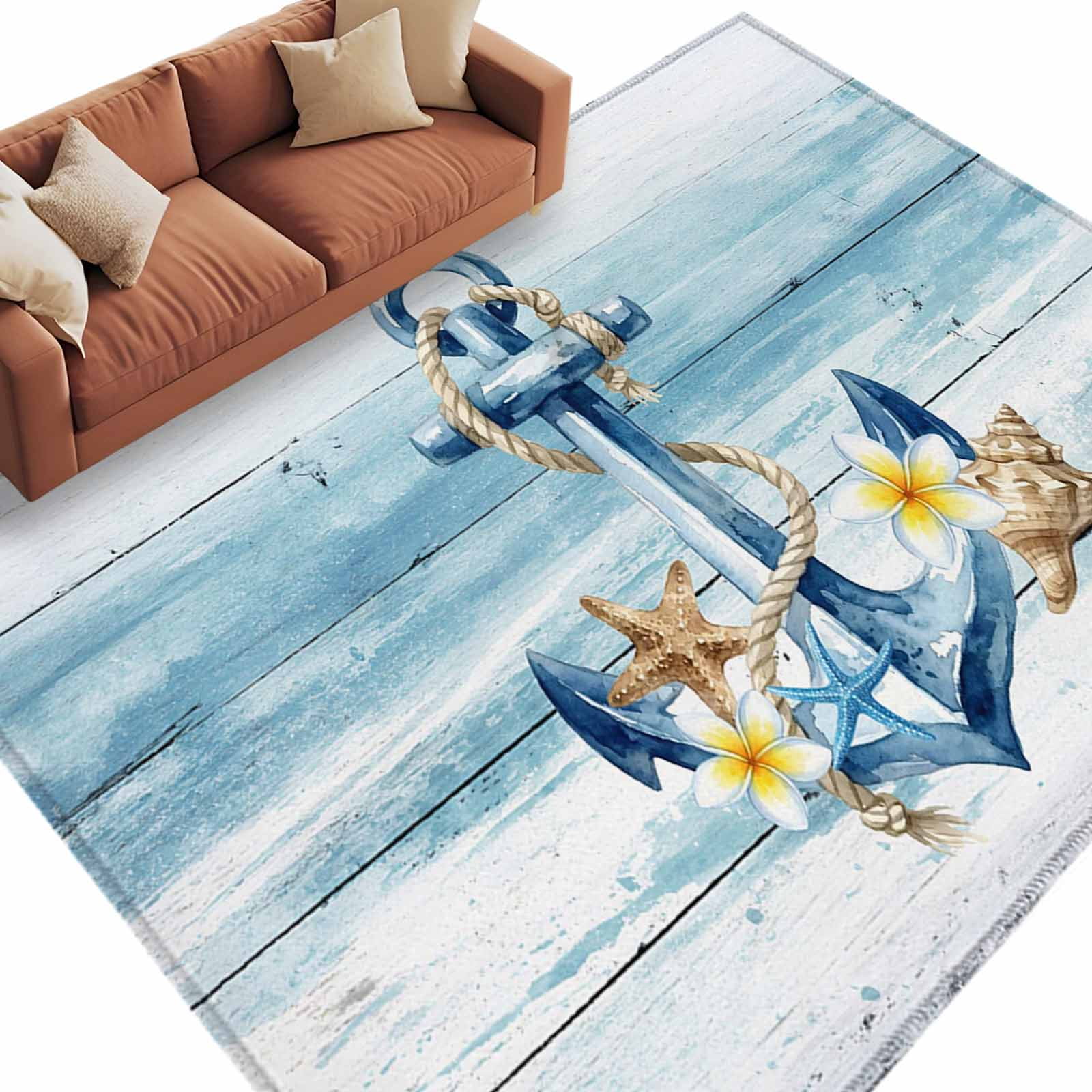 Area Rug 5x8ft Watercolor Nautical Anchor Starfish Washable Rugs for Living Room Bedroom Ocean Conch Flower Wood Soft Non-slip Area Rugs Rectangle Floor Carpet for Dining Room