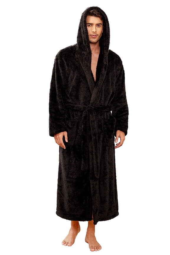 Mens Robe Big and Tall with Hood,Full Length Plush Robe for Men Long Fleece Bathrobe?Black, Large-X-Large?