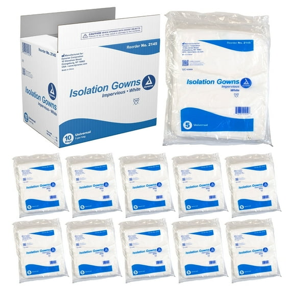 Dynarex Disposable Isolation Gowns - Full-Length PPE Hospital Gowns - White, Large, 1 Case - 10 Bags of 5