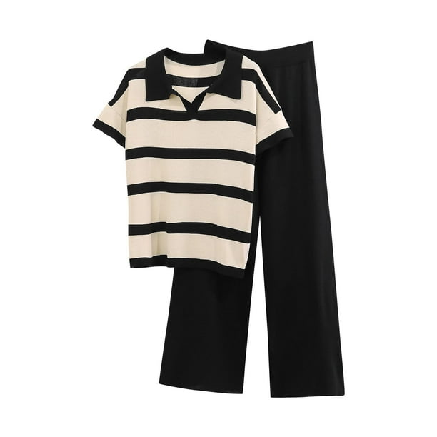 Pantalones Casuales de Mujer Cuello Redondo Manga Corta Tops Y Elástico de la Cintura Pantalones Largos Conjuntos, Desgaste Casual