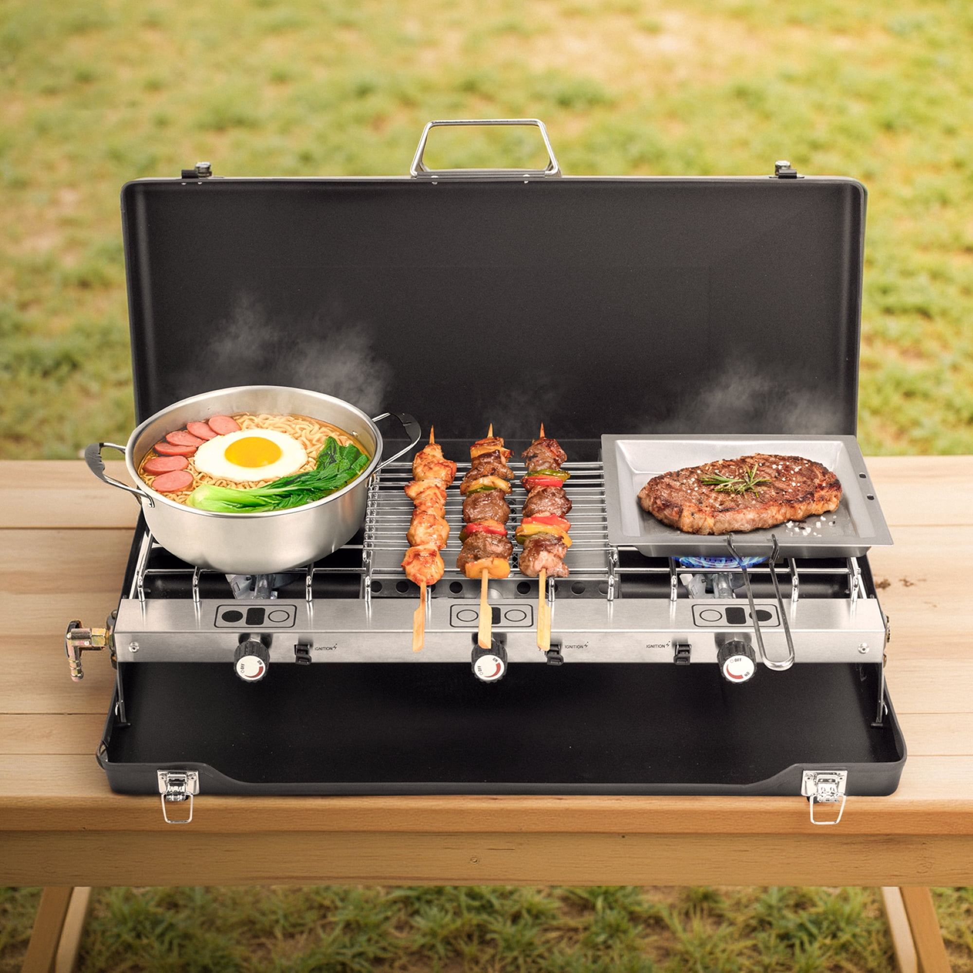 SaveJoy Portable Gas Grill, 3 Burner BBQ Propane Grill, Camping Stove with Hose Tank Adapter for Outdoor Cooking
