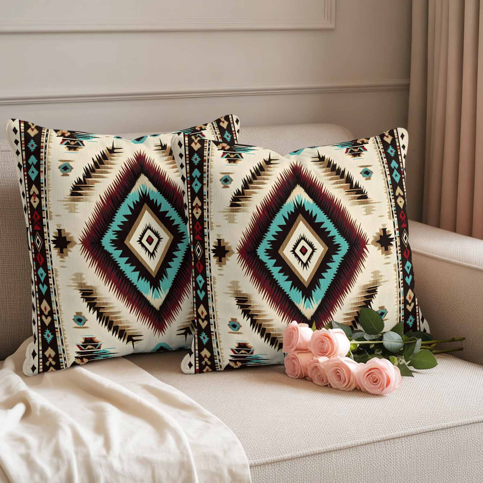 Boho Red Teal Brown Outdoor Pillow Covers, Waterproof Decorative Throw Pillowcases Set of 2, Southwestern Abstract Geometric Couch Cushion Cases with Zipper for Outside Patio Garden Sofa 18"x18"