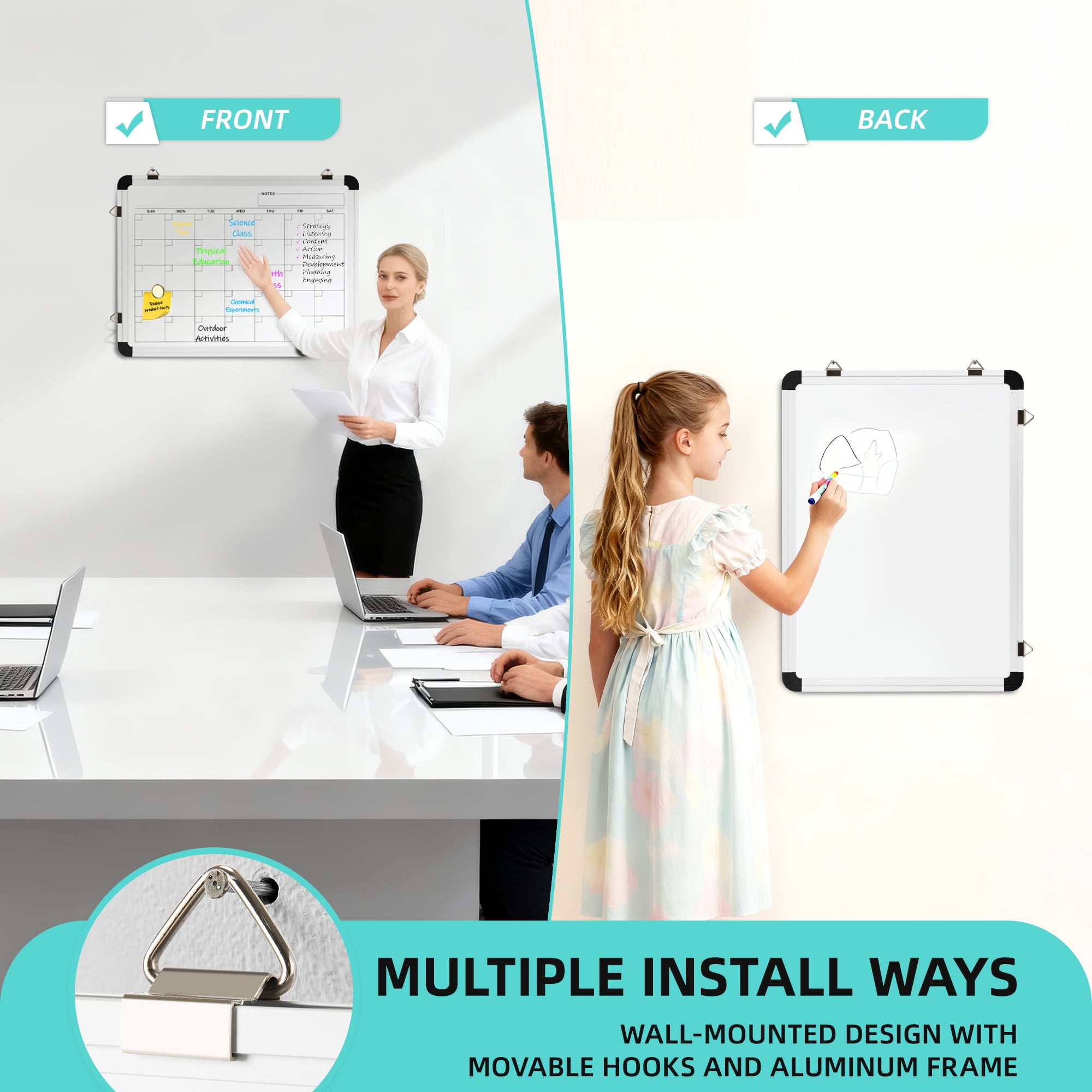 Elevon Monthly Dry Erase Calendar Whiteboard, 16" x 12" Double-Sided Wall-Mounted Whiteboard for Office, Desk, Kitchen, or Dorm Room Organization
