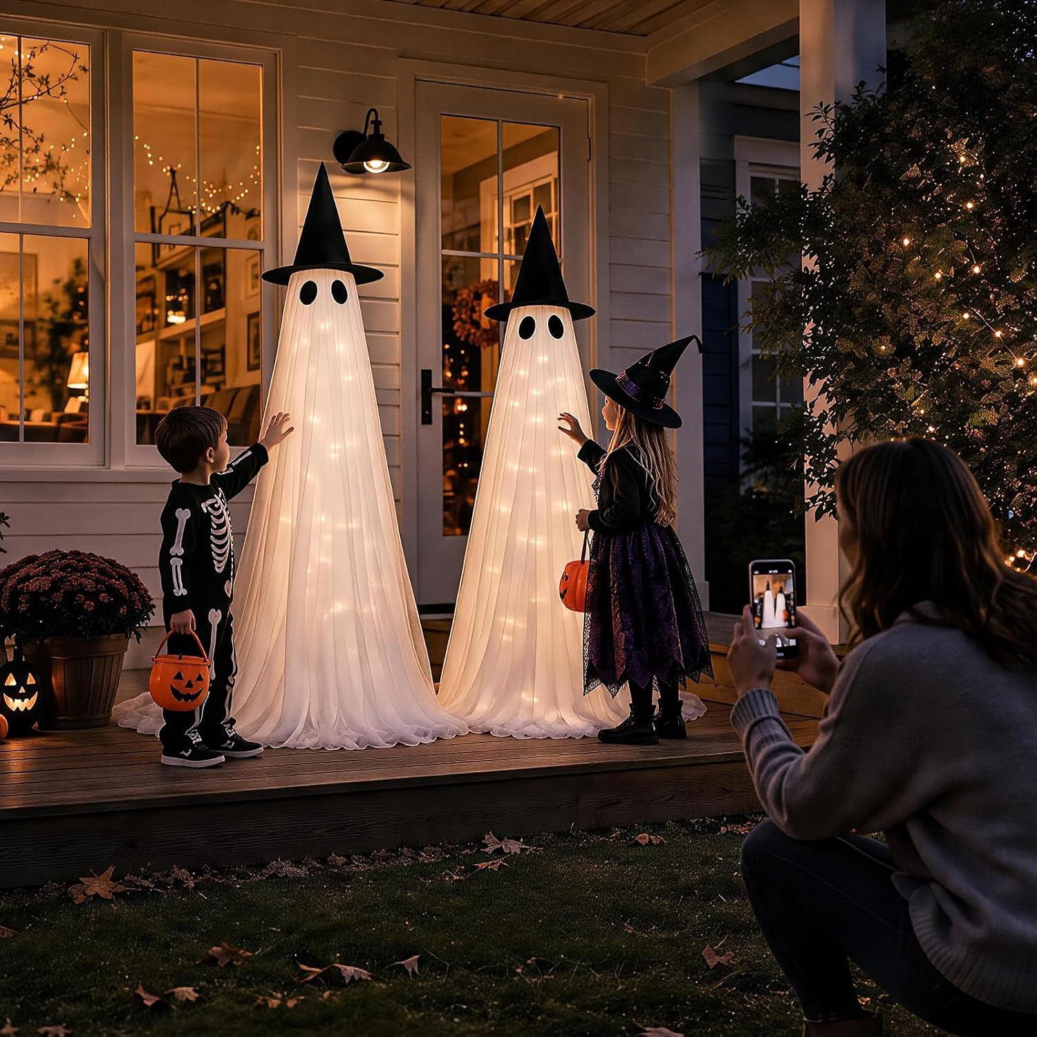 Lighted Halloween Ghost Decorations, 2 Pack, 5 ft Tall, 8 Lighting Modes with Timer, Battery or USB Powered, Porch and Lawn Outdoor Holiday Decor