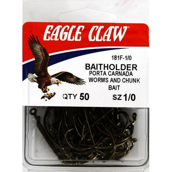Eagle Claw 181FH-1/0 Baitholder Down Eye 2-Slice Offset Hook, Bronze, Size 1/0, 50 Pack