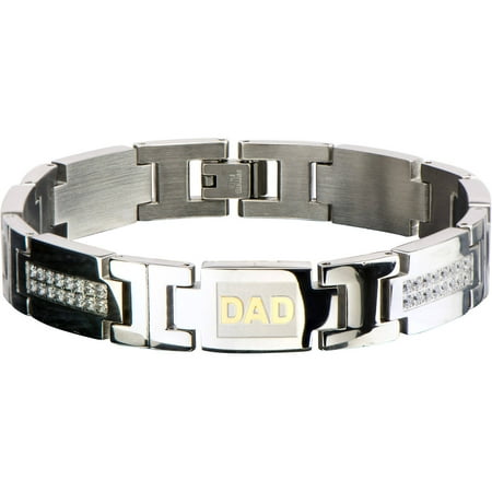 Steel Art Men's Stainless Steel Link with Clear CZ Bling and Gold IP DAD Inscription Bracelet