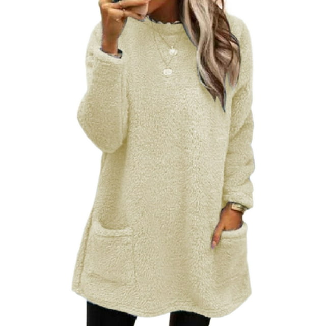 LUXUR T-Shirt en Molleton Doux pour Femmes, Ample, Beige Jaune 3TG