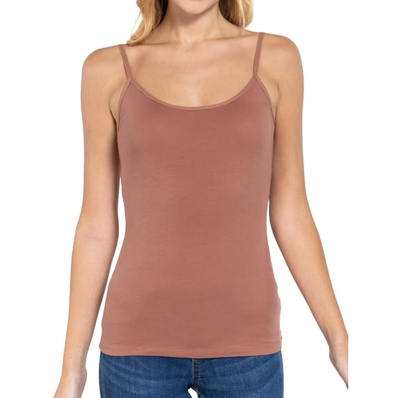 Juniors Solid Plain Adjustable Spaghetti Strap Layering Cropped Camisole Tank Top (Toffee, M)