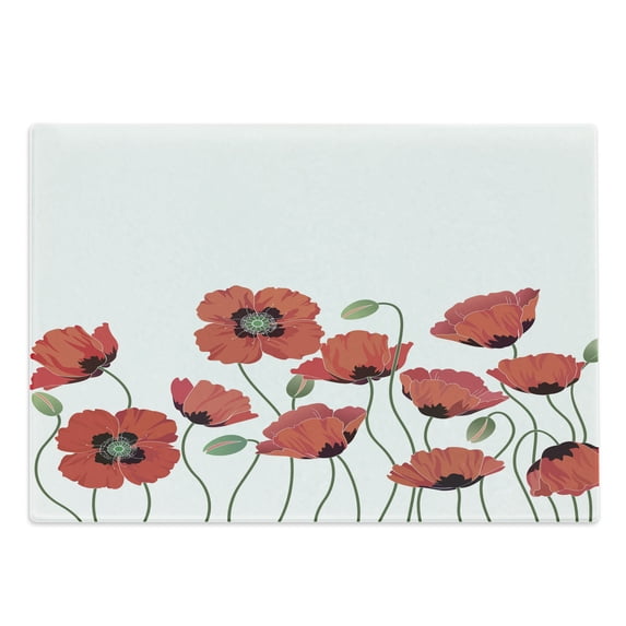 Floral Cutting Board, Poppy Flowers in Garden Fresh Plant Idyllic Nature Fragrance Theme Print, Decorative Tempered Glass Cutting and Serving Board, Large Size, Orange Green, by Ambesonne