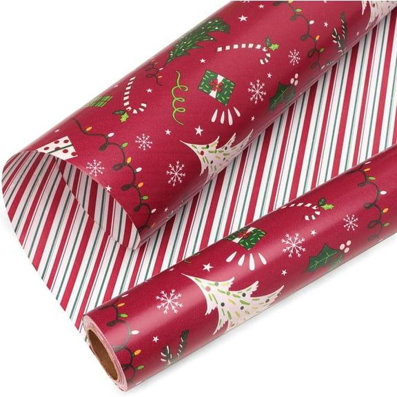 Christmas Wrapping Paper Reversible Christmas Tree and Red Green Stripe Gift Wrapping Paper-17 Inch x 33 Feet